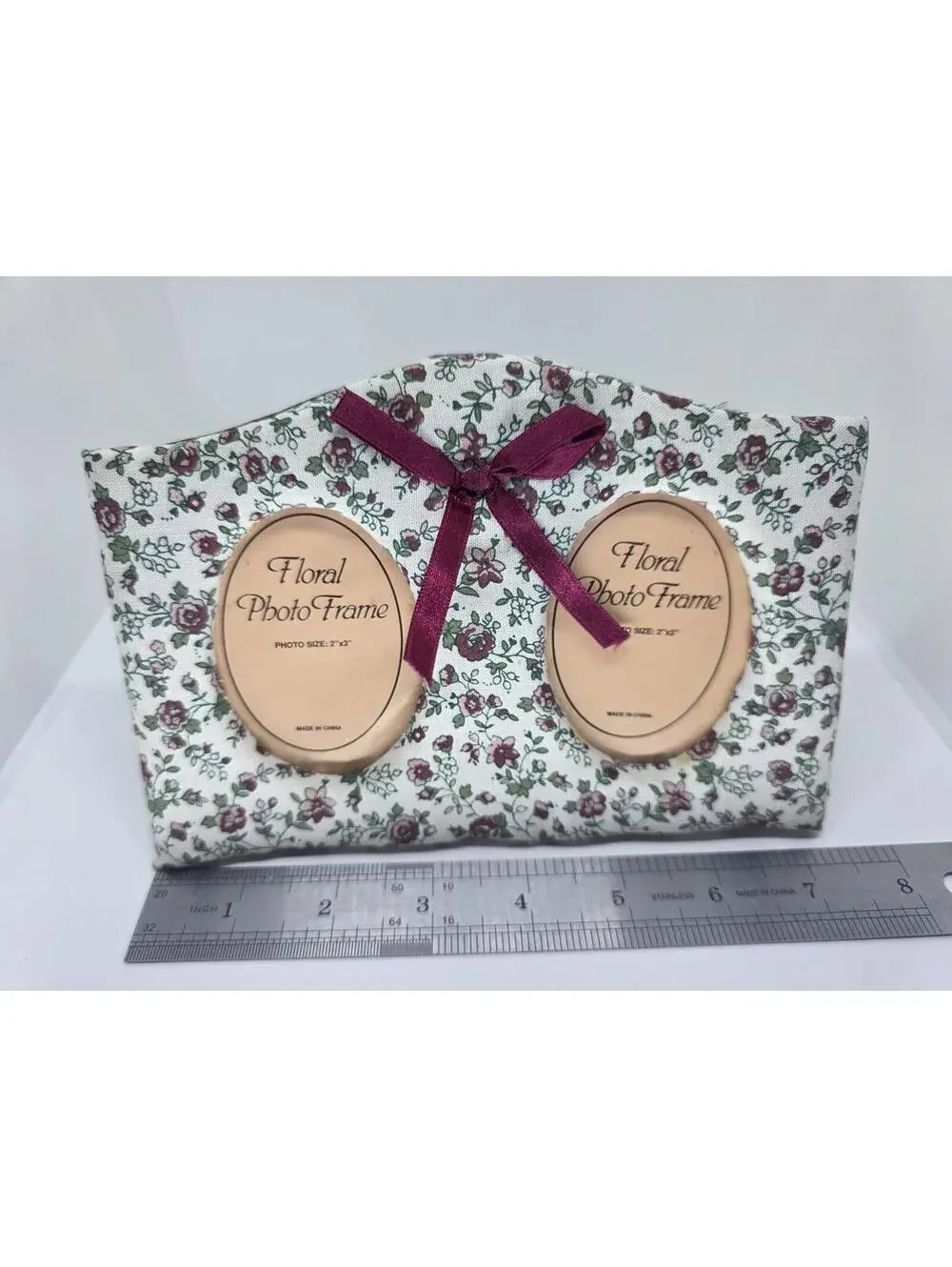 Vintage Floral Fabric Double Oval Photo Frame With Bow CUTE!